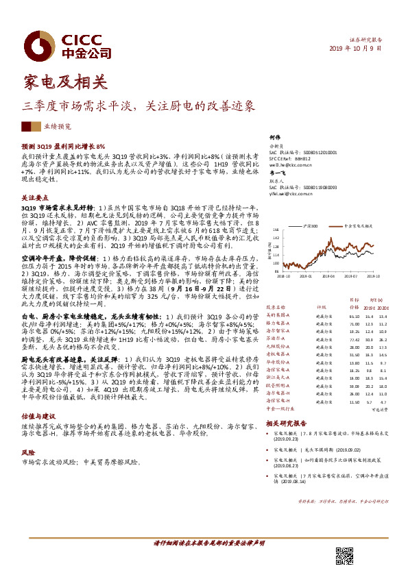 家电及相关业绩预览：三季度市场需求平淡，关注厨电的改善迹象