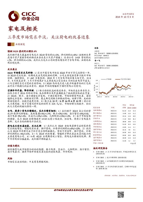 家电及相关业绩预览：三季度市场需求平淡，关注厨电的改善迹象