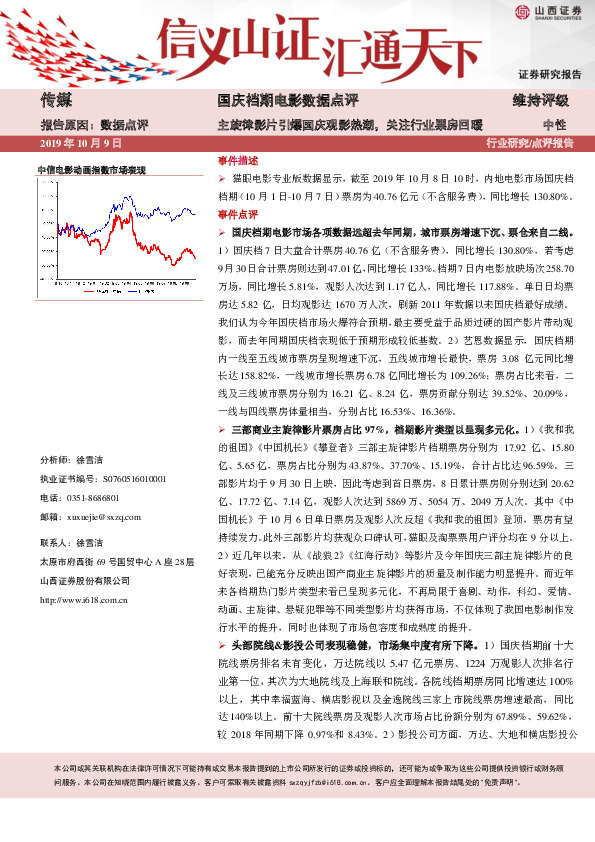 国庆档期电影数据点评：主旋律影片引爆国庆观影热潮，关注行业票房回暖