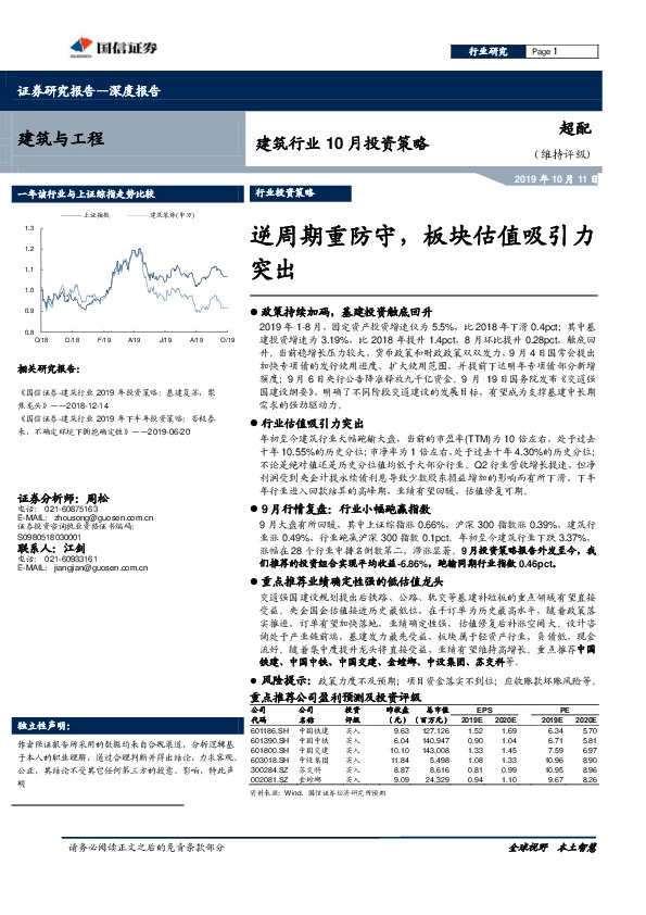 建筑行业10月投资策略：逆周期重防守，板块估值吸引力突出