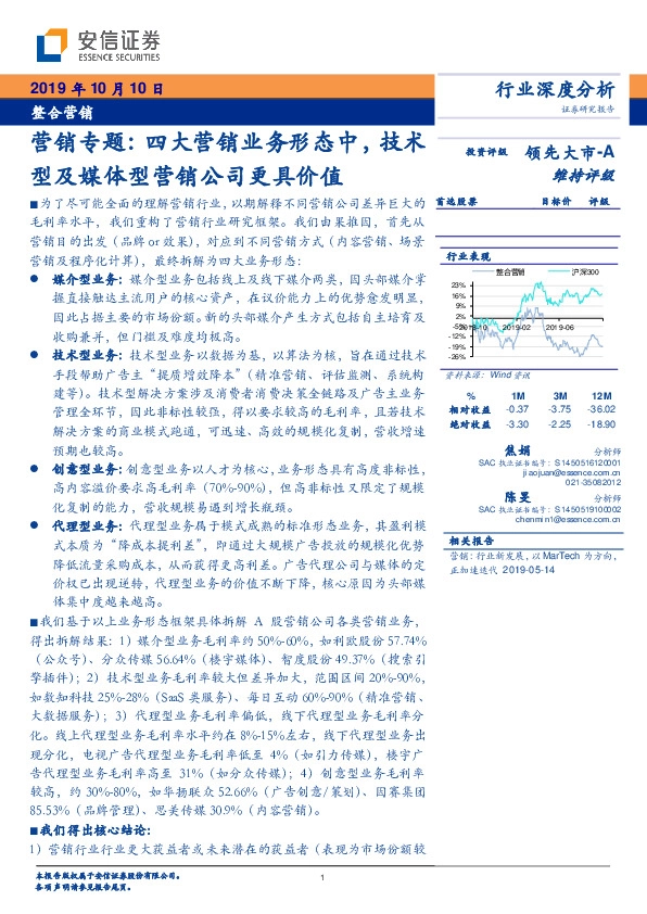 整合营销行业深度分析：营销专题：四大营销业务形态中，技术型及媒体型营销公司更具价值