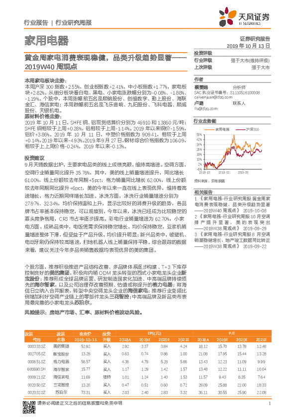 家用电器2019W40周观点：黄金周家电消费表现稳健，品类升级趋势显著