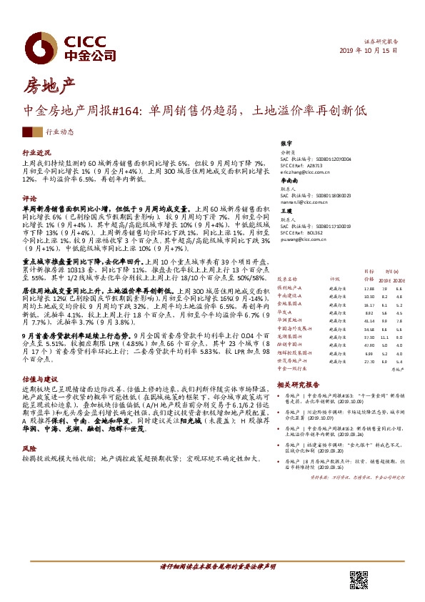 中金房地产周报#164：单周销售仍趋弱，土地溢价率再创新低