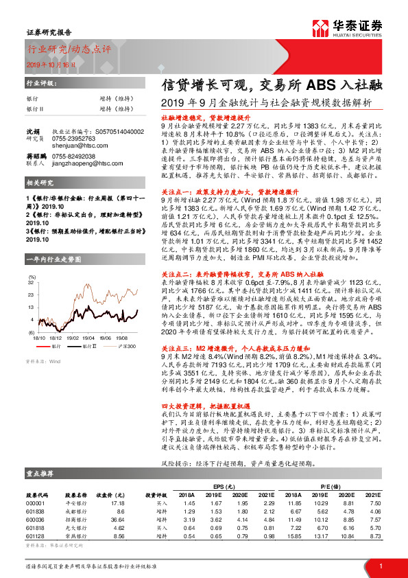 银行2019年9月金融统计与社会融资规模数据解析：信贷增长可观，交易所ABS入社融