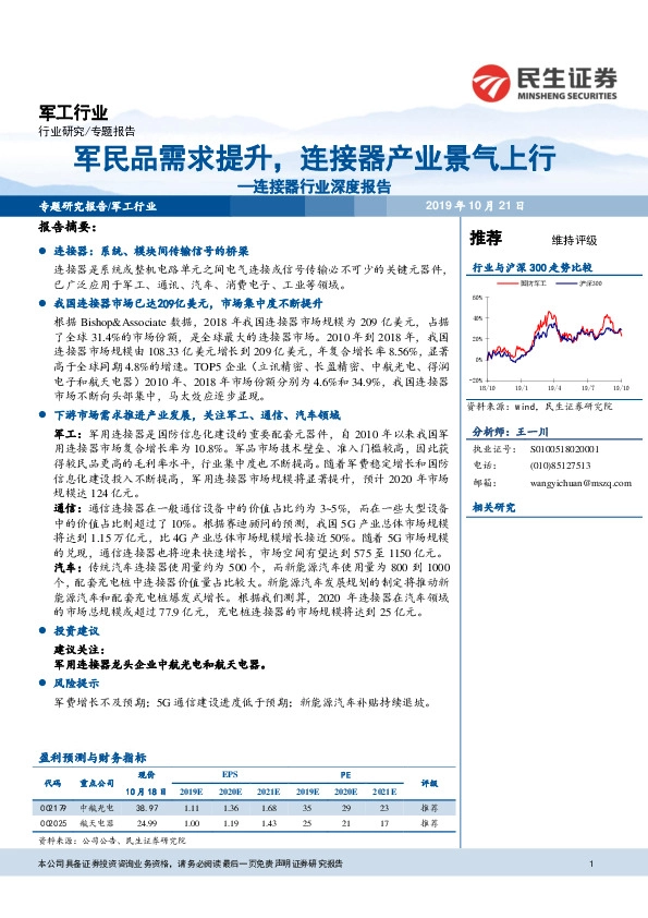 连接器行业深度报告：军民品需求提升，连接器产业景气上行