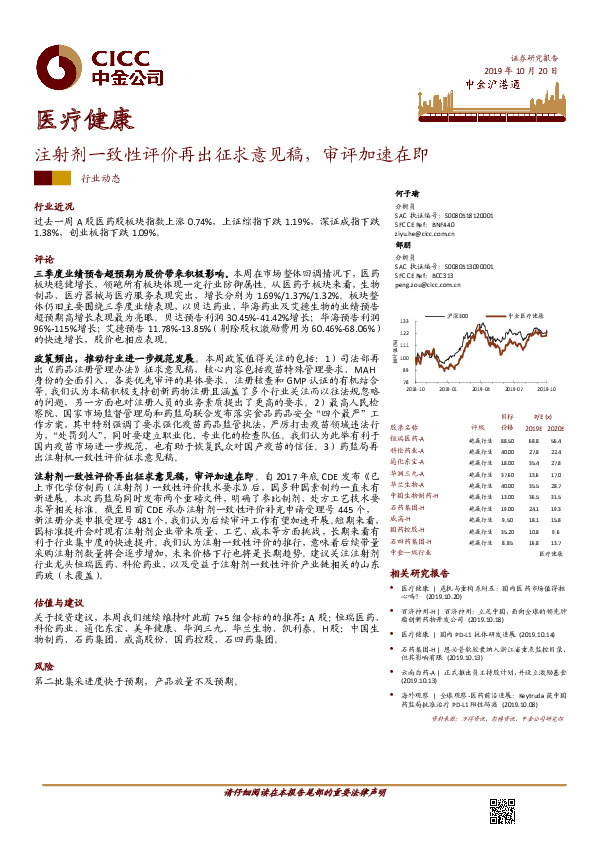医疗健康行业动态：注射剂一致性评价再出征求意见稿，审评加速在即