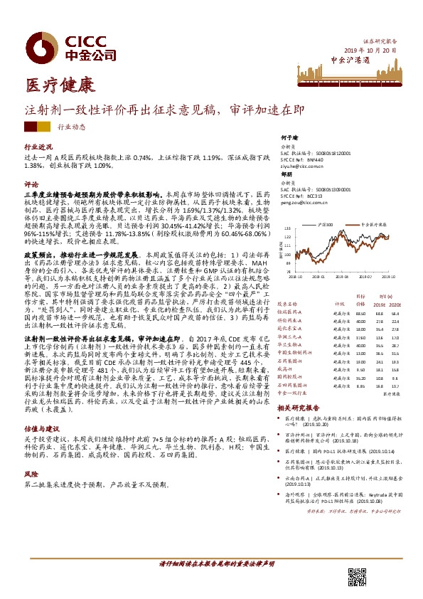 医疗健康行业动态：注射剂一致性评价再出征求意见稿，审评加速在即