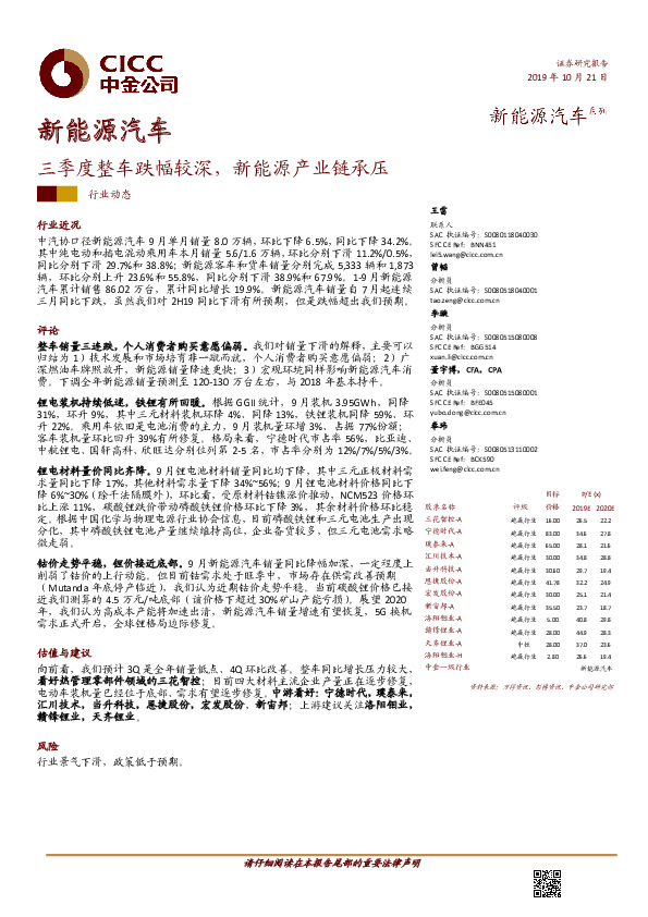 新能源汽车：三季度整车跌幅较深，新能源产业链承压