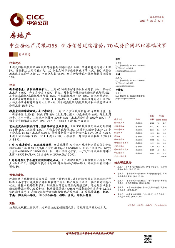 中金房地产周报#165：新房销售延续增势，70城房价同环比涨幅收窄