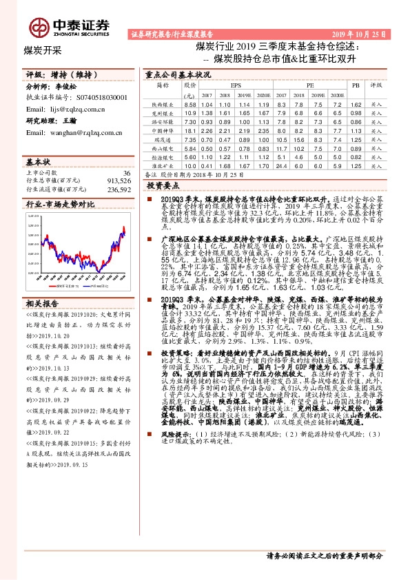 煤炭行业2019三季度末基金持仓综述：煤炭股持仓总市值&比重环比双升