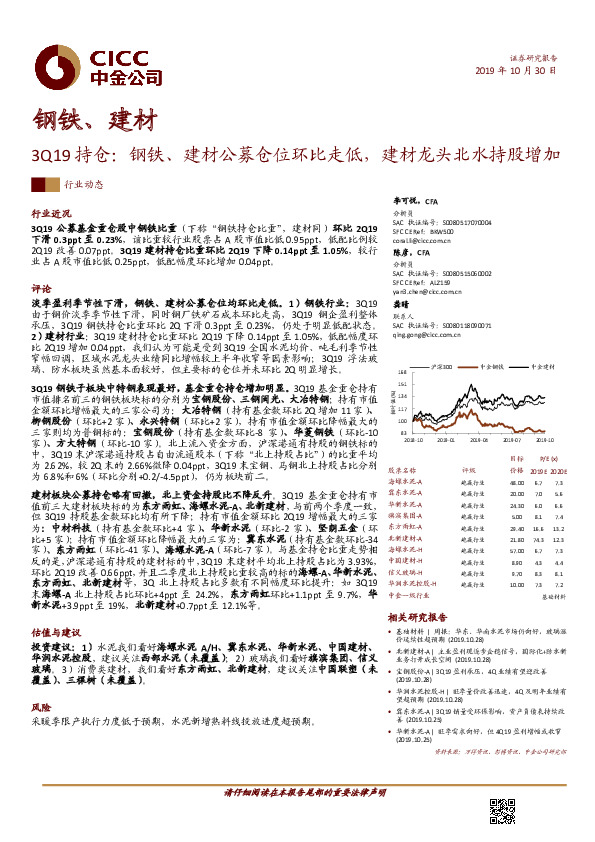 钢铁、建材3Q19持仓：钢铁、建材公募仓位环比走低，建材龙头北水持股增加