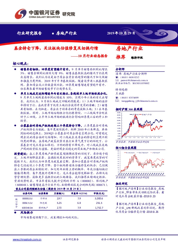 房地产10月行业动态报告：基金持仓下降，关注板块估值修复及切换行情