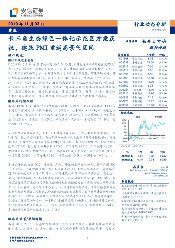 建筑：长三角生态绿色一体化示范区方案获批，建筑PMI重返高景气区间