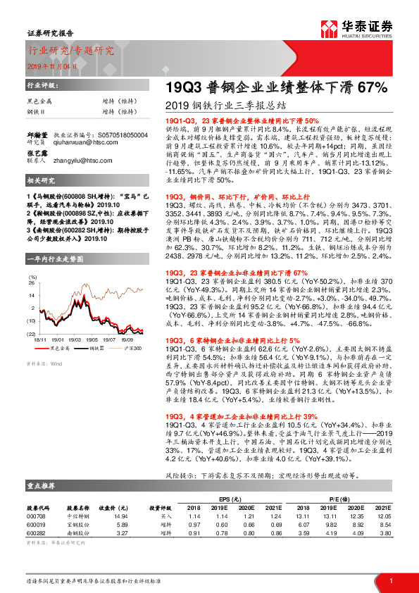 2019钢铁行业三季报总结：19Q3普钢企业业绩整体下滑67%