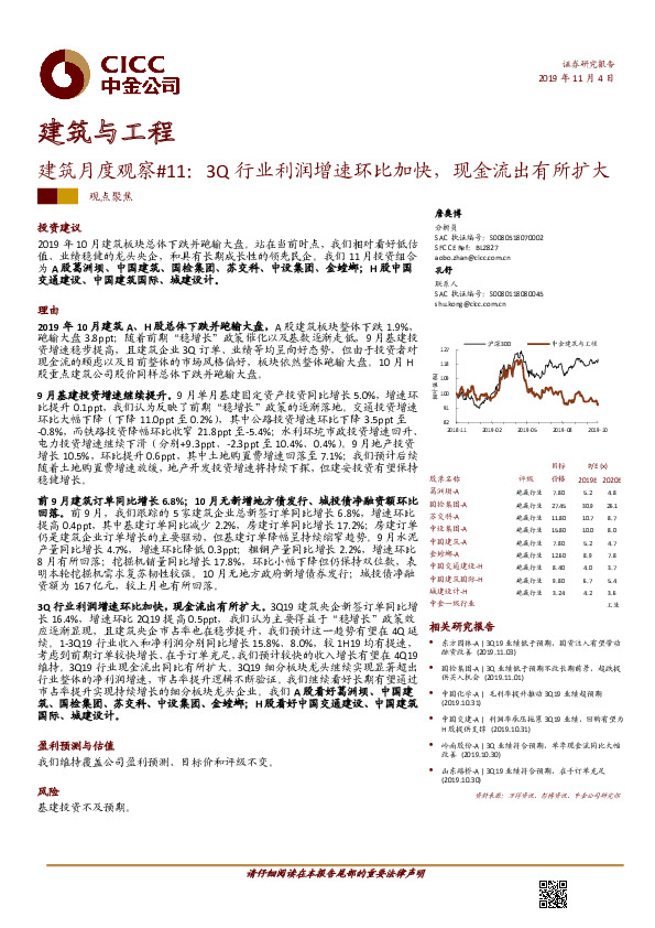 建筑月度观察#11：3Q行业利润增速环比加快，现金流出有所扩大
