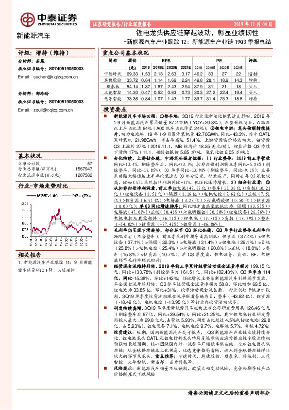新能源汽车产业跟踪12：新能源车产业链19Q3季报总结-锂电龙头供应链穿越波动，彰显业绩韧性