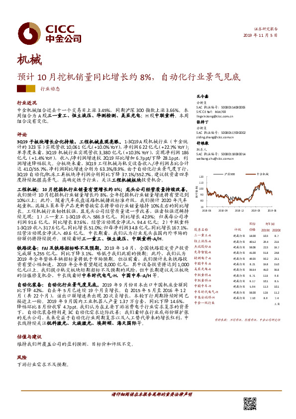 机械：预计10月挖机销量同比增长约8%，自动化行业景气见底