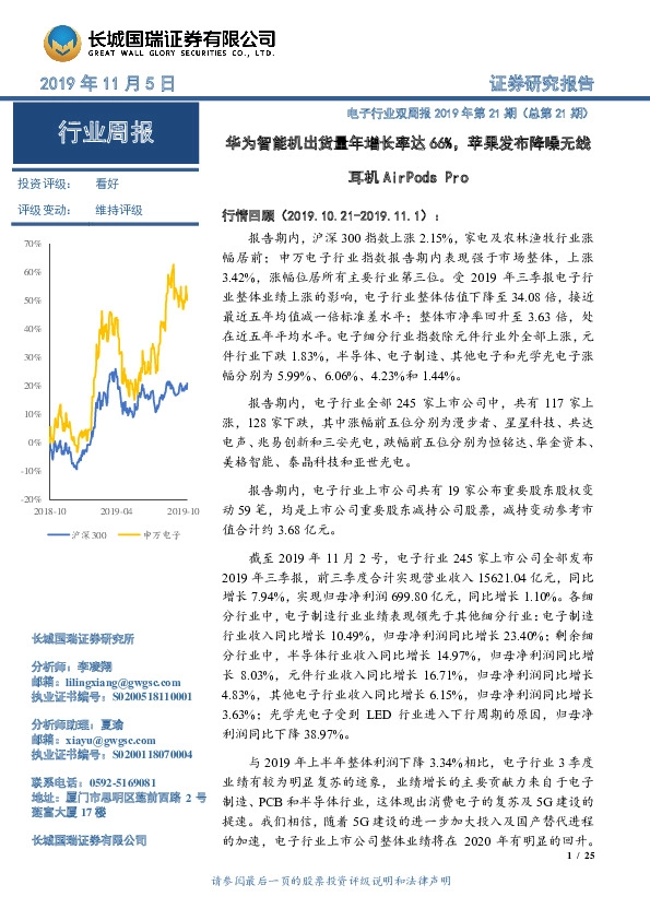 电子行业双周报2019年第21期（总第21期）：华为智能机出货量年增长率达66%，苹果发布降噪无线耳机AirPods Pro