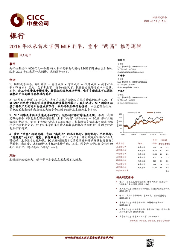银行热点速评：2016年以来首次下调MLF利率，重申“两高”推荐逻辑