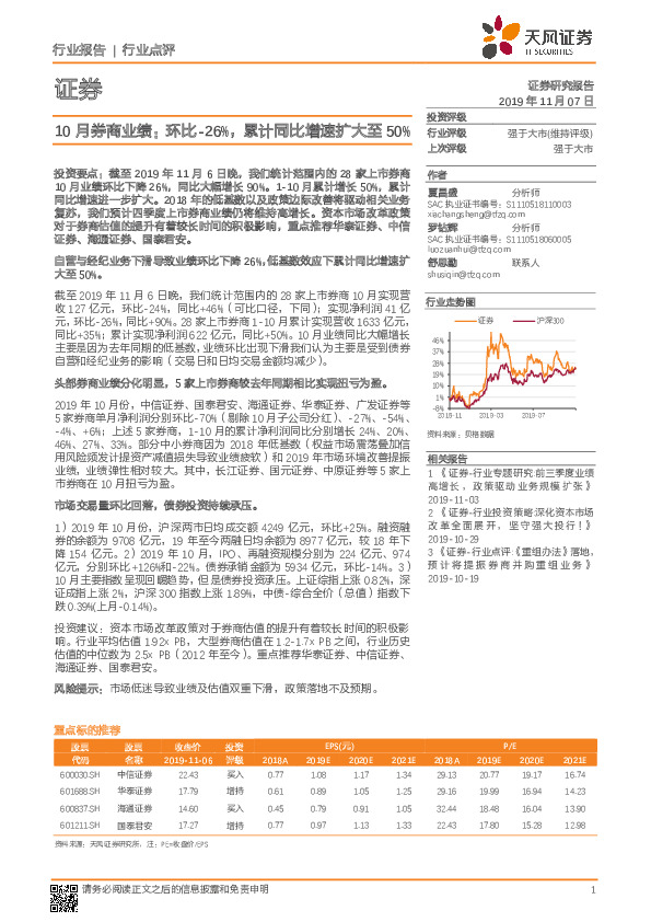 证券：10月券商业绩：环比-26%，累计同比增速扩大至50%