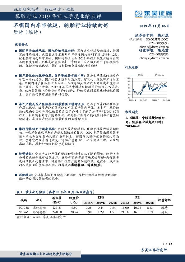 橡胶行业2019年前三季度业绩点评：不惧国内车市低迷，轮胎行业持续向好