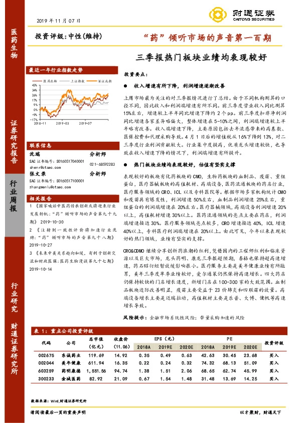 “药”倾听市场的声音第一百期：三季报热门板块业绩均表现较好