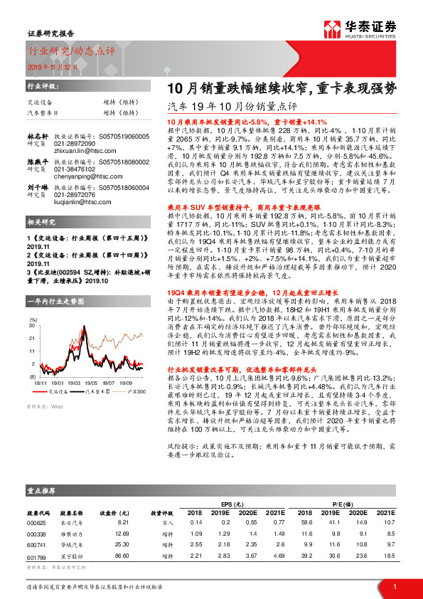 汽车19年10月份销量点评：10月销量跌幅继续收窄，重卡表现强势