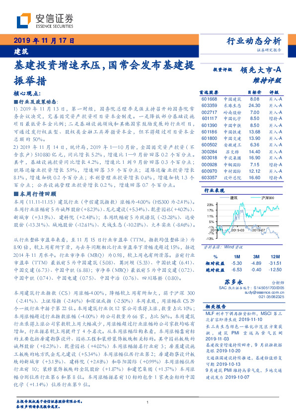 建筑行业动态分析：基建投资增速承压，国常会发布基建提振举措
