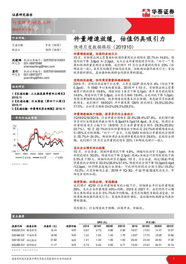 快递月度数据跟踪：件量增速放缓，估值仍具吸引力
