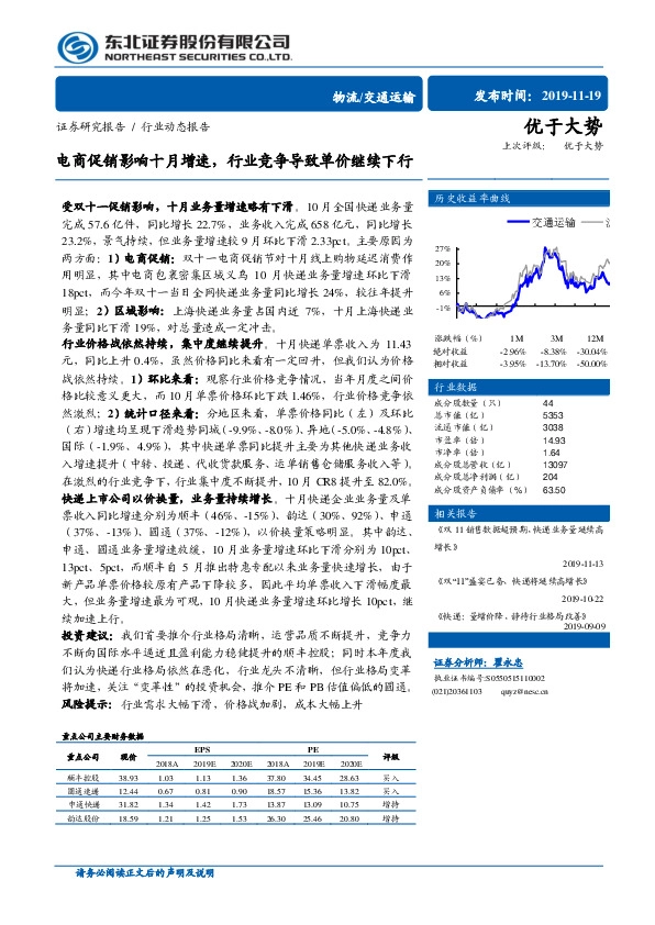 物流/交通运输行业动态报告：电商促销影响十月增速，行业竞争导致单价继续下行