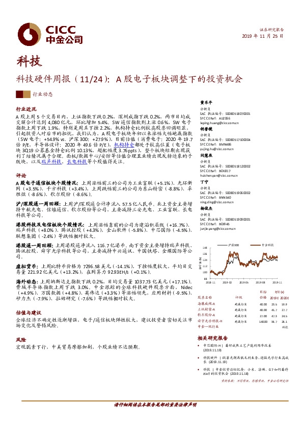 科技硬件周报：A股电子板块调整下的投资机会
