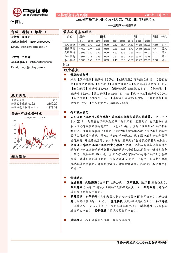 互联网+大健康周报：山东省落地互联网医保支付政策，互联网医疗加速发展