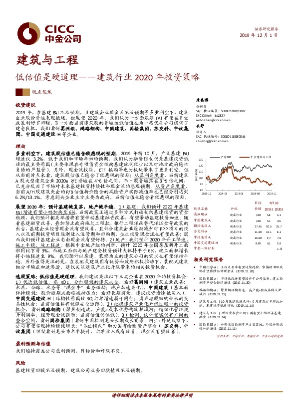 建筑行业2020年投资策略：低估值是硬道理