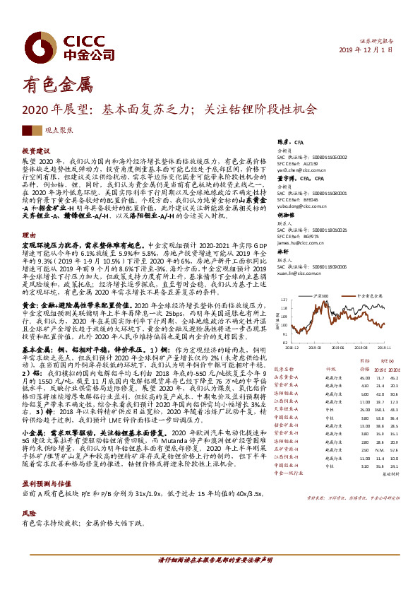 有色金属2020年展望：基本面复苏乏力；关注钴锂阶段性机会