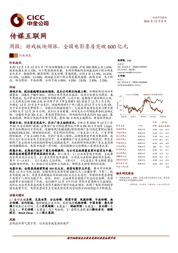 传媒互联网周报：游戏板块领涨，全国电影票房突破600亿元