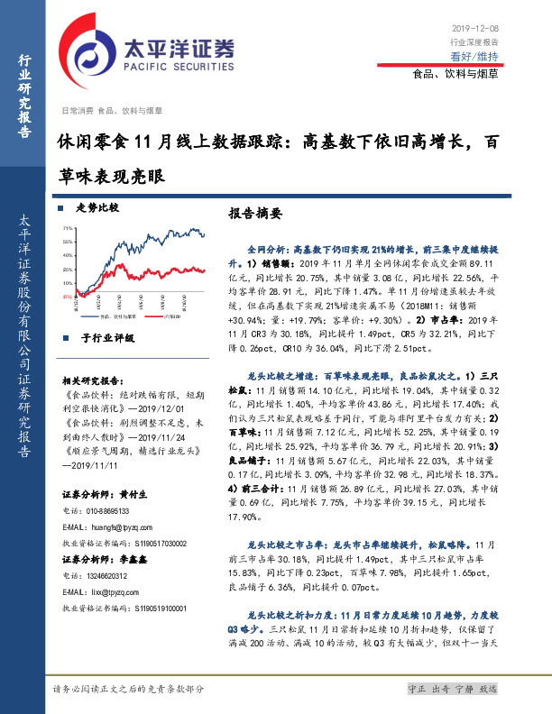 休闲零食11月线上数据跟踪：高基数下依旧高增长，百草味表现亮眼