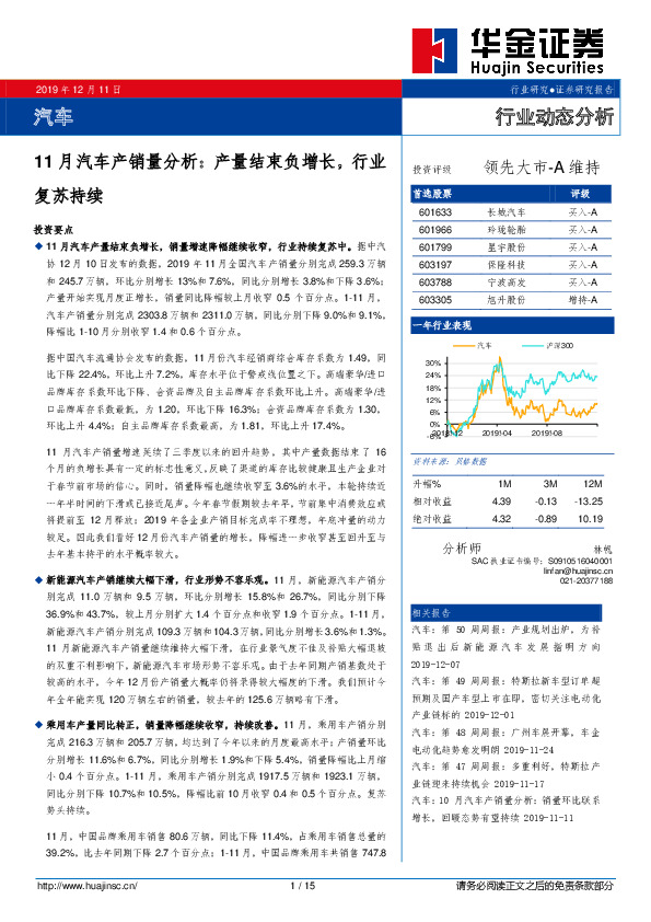 11月汽车产销量分析：产量结束负增长，行业复苏持续