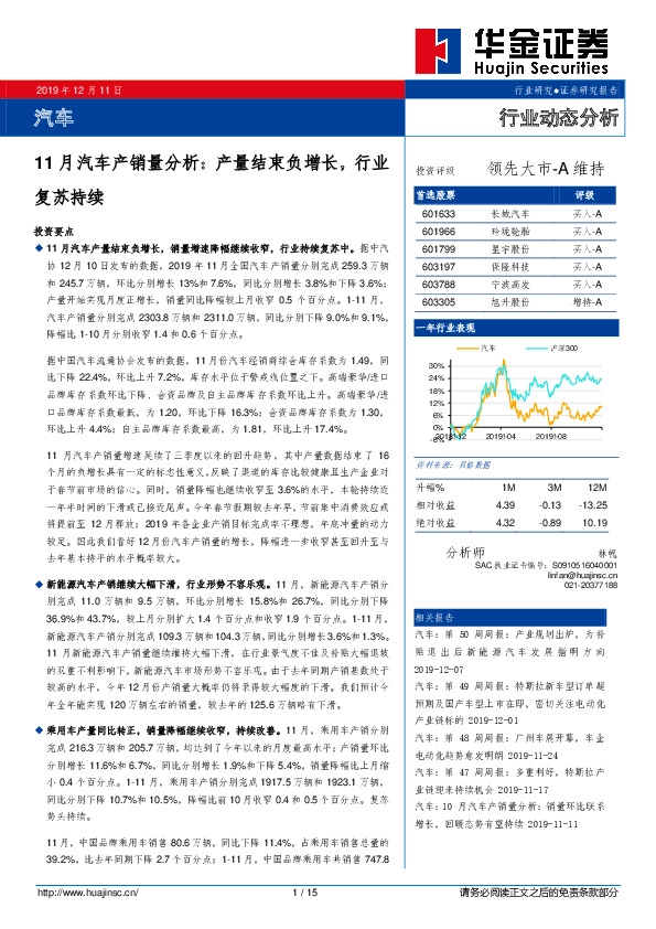 11月汽车产销量分析：产量结束负增长，行业复苏持续