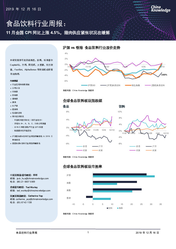 食品饮料行业周报：11月全国CPI同比上涨4.5%，猪肉供应紧张状况在缓解