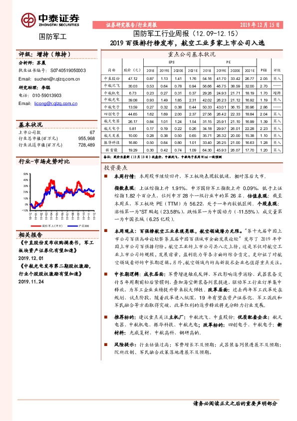 国防军工行业周报：2019百强排行榜发布，航空工业多家上市公司入选