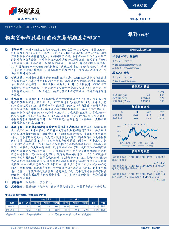 铜行业周报：铜期货和铜股票目前的交易预期差在哪里？