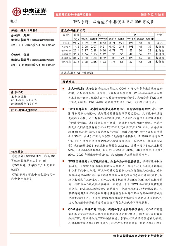 电子：TWS专题：从智能手机推演品牌及ODM商成长