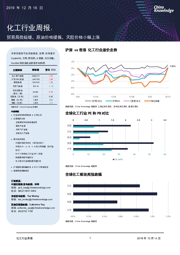 化工行业周报：贸易局势趋缓，原油价格提振，天胶价格小幅上涨
