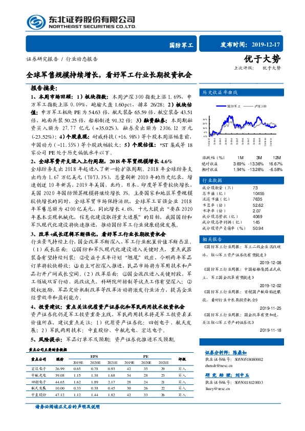 国防军工行业动态报告：全球军售规模持续增长，看好军工行业长期投资机会