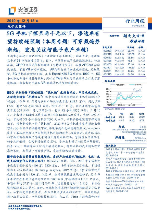 电子元器件行业周报：5G手机下探至两千元以下，渗透率有望持续超预期（本周专题：可穿戴趋势渐起，重点关注智能手表产业链）