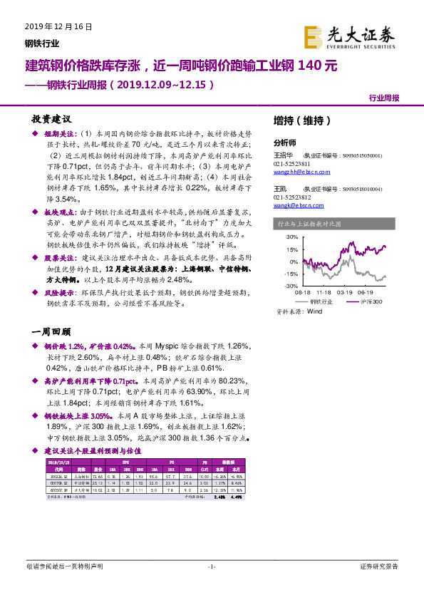 钢铁行业周报：建筑钢价格跌库存涨，近一周吨钢价跑输工业钢140元