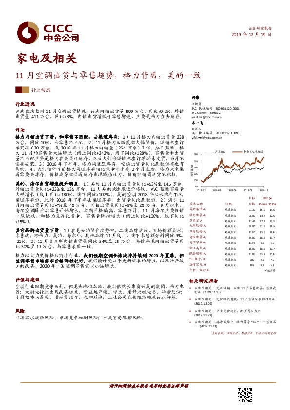 家电及相关：11月空调出货与零售趋势，格力背离，美的一致