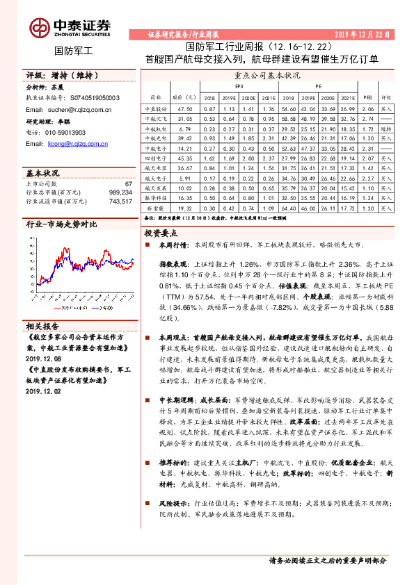 国防军工行业周报：首艘国产航母交接入列，航母群建设有望催生万亿订单