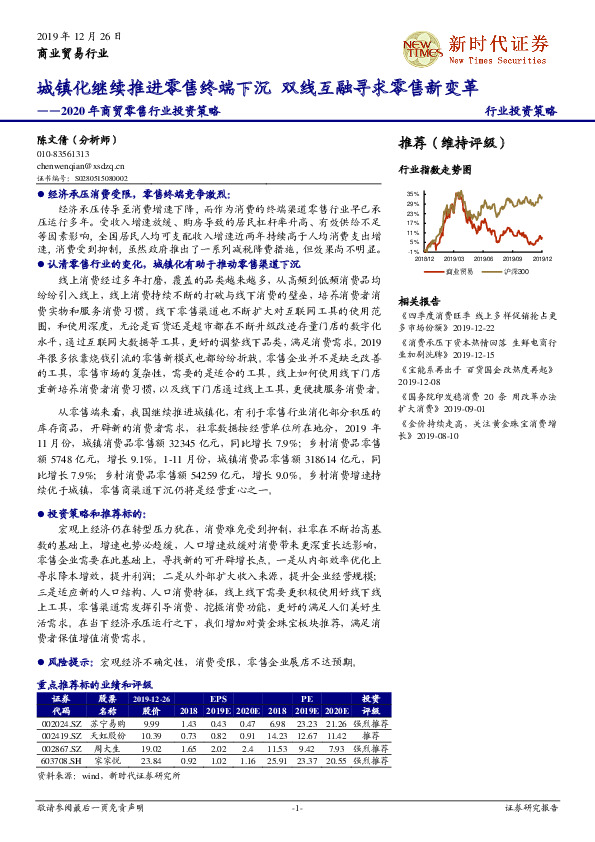 2020年商贸零售行业投资策略：城镇化继续推进零售终端下沉 双线互融寻求零售新变革