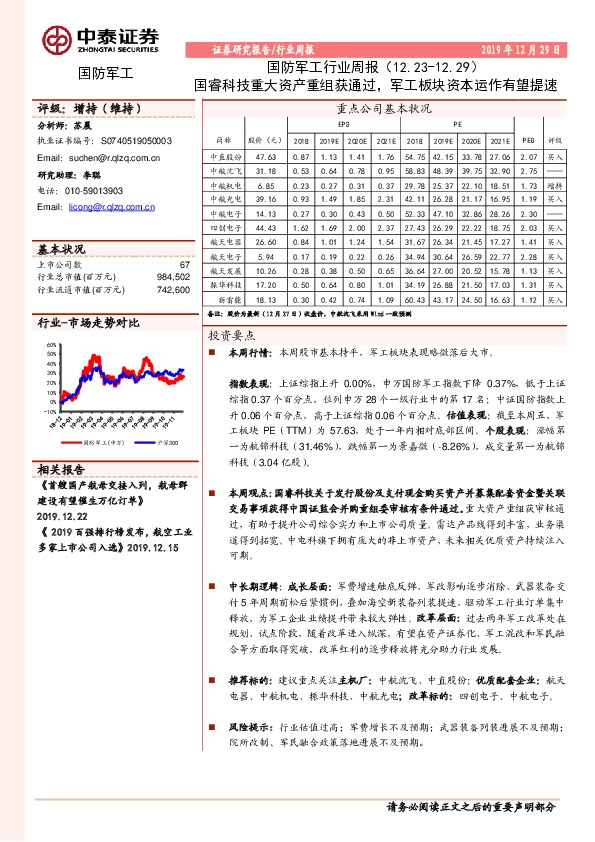 国防军工行业周报：国睿科技重大资产重组获通过，军工板块资本运作有望提速